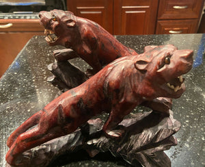 Pair of Red Rosewood or Mahogany Carved Animal Tiger Sculptures